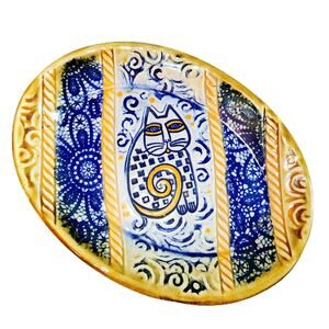 Handmade Pottery Cat Oval Trinket Tray Artist Signed Blue Yellow Folk Art
